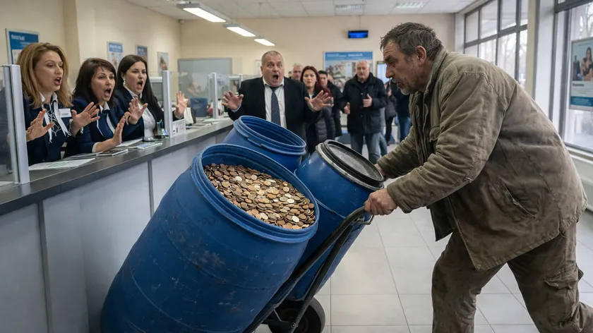 Sırbistan'da bir müşteri üç kovayla dolu para ile bankayı bloke etti!