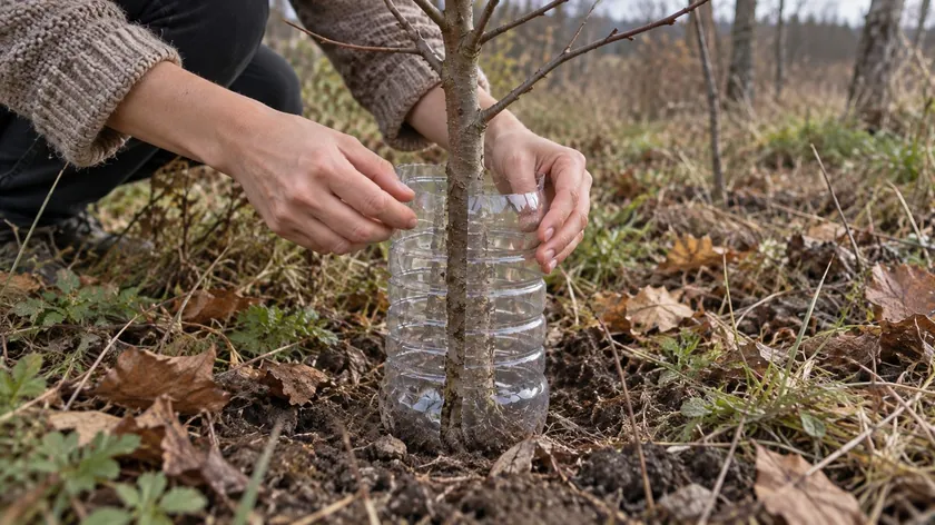 Meyve fidanlarını kışın kemirgenlerden korumak için plastik şişe yöntemi: Maliyeti sıfır