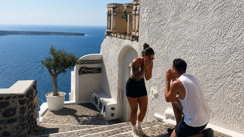 Sırp çifti Santorin'de romantik bir evlenme teklifini kaydetti ama beklenmedik bir durumla sonuçlandı.