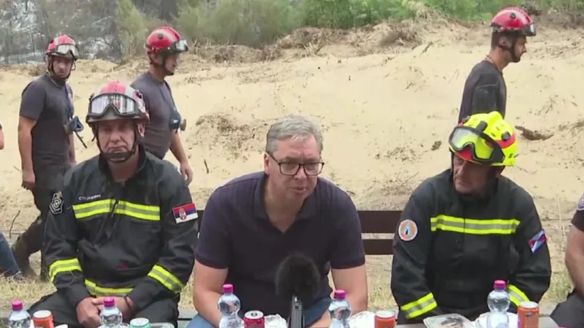 Sırbistan Cumhurbaşkanı Aleksandar Vučić, Deliblatska Peşçarı'ndaki yangın alanını ziyaret ederek, hasarlı bölgelerde rüzgar türbinlerinin inşa edileceği iddialarına yanıt verdi.