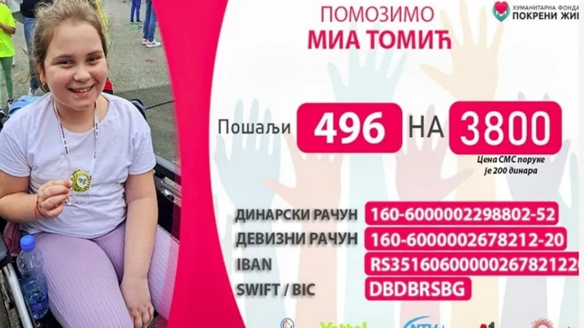 Kraljevo'da Mia Tomić için iki yardım etkinliği düzenlenecek