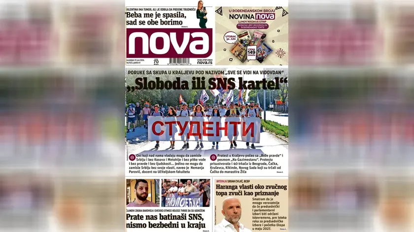 Nova gazetesinde Sırbistan Kraljevo'da öğrenciler Özgürlük ya da SNS karteli mesajı verdi